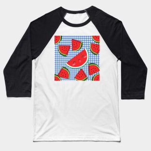 Watermelon on Blue Checks Summer Fruit Fun Graphic Art Gift Baseball T-Shirt